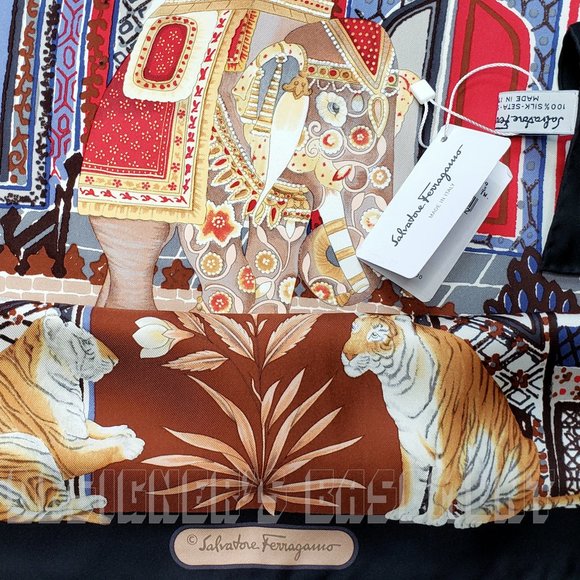 SALVATORE FERRAGAMO black & blue Tower GEMMA ELEPHANT silk scarf NWT +envelope🎁 - Picture 2 of 5